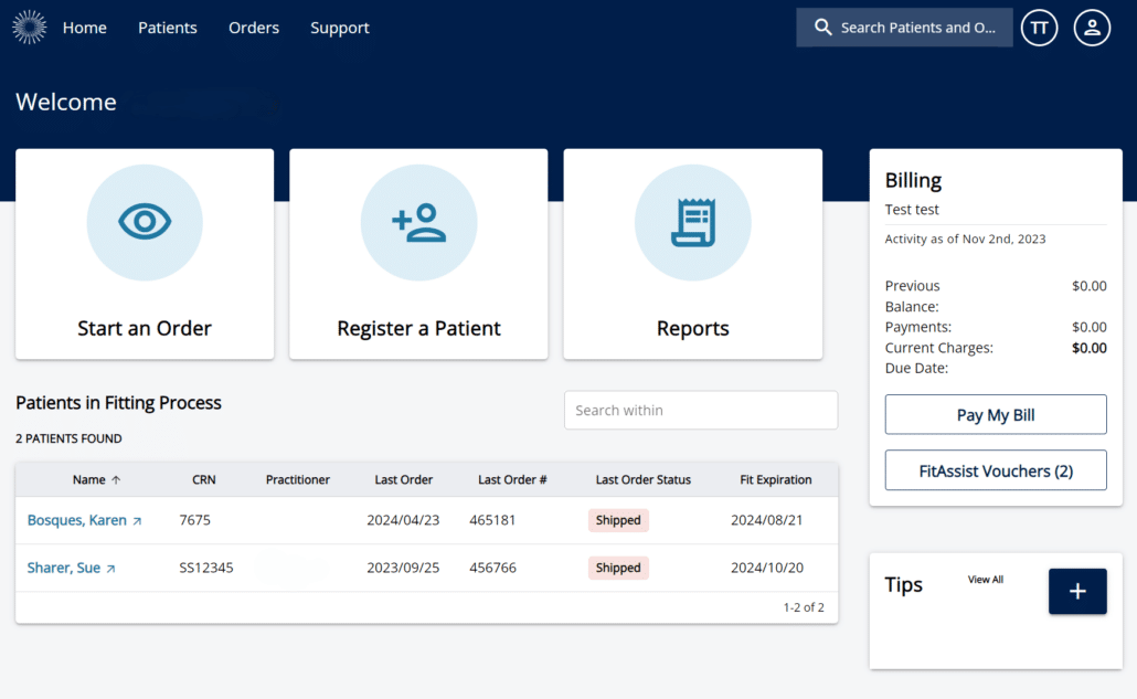 screenshot of FitConnect dasboard with patient orders